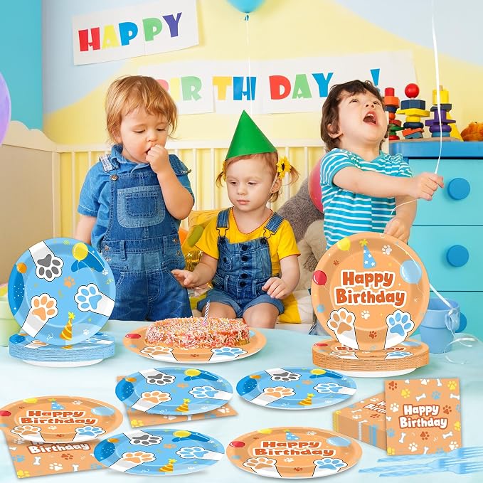 96Pcs Blue Dog Happy Birthday Party Supplies Cartoon Puppy Paper Plates and