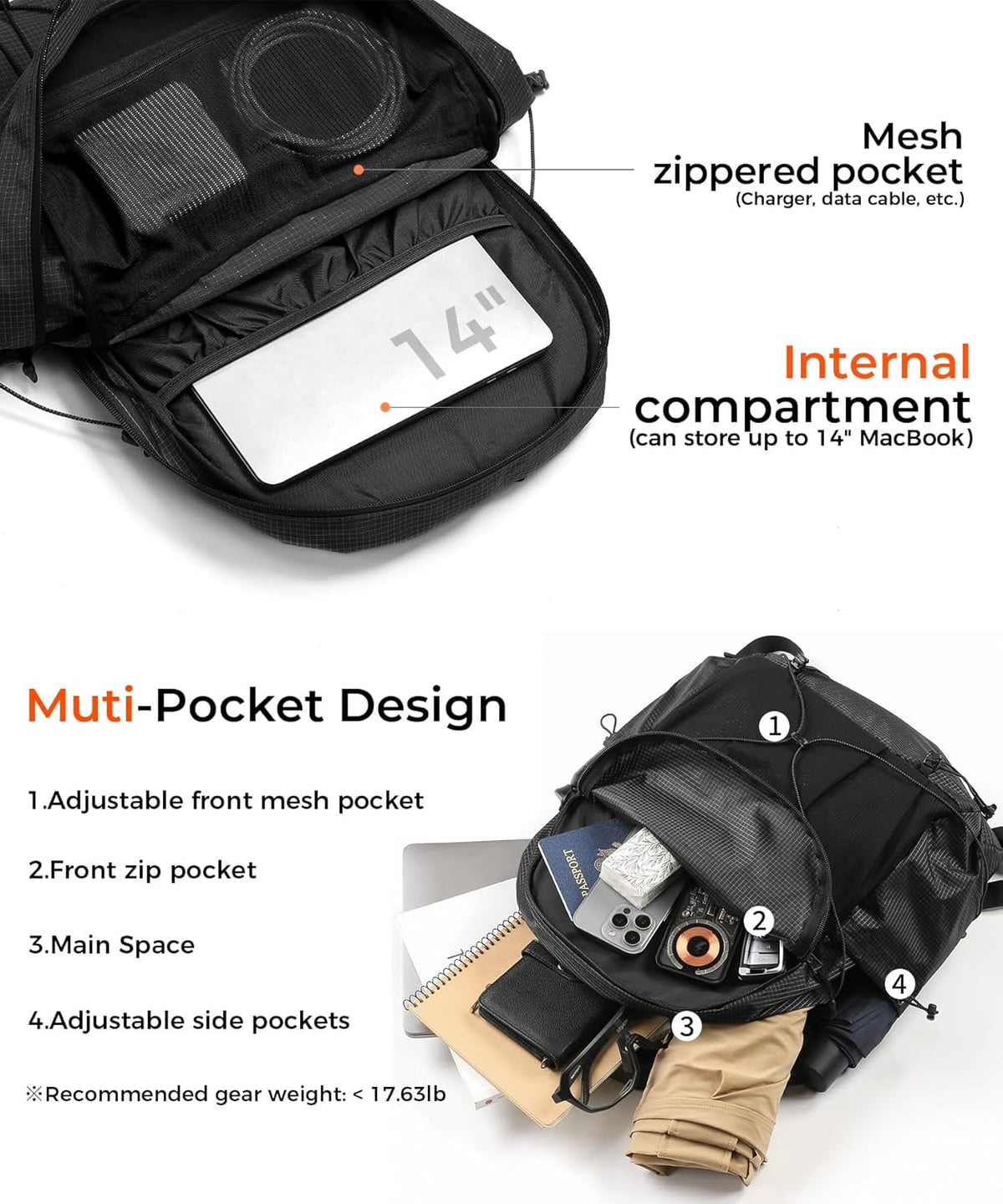 Lightweight Hiking Backpack, Camping Backpack 20L Small Backpacks Water Resistant Daypack for Women Men (Black)