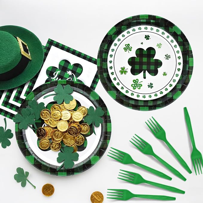 96 Pieces St. Patrick’s Day Tableware Set – Green and Black Plaid Shamrock