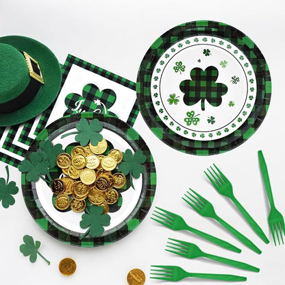 96 Pieces St. Patrick’s Day Tableware Set – Green and Black Plaid Shamrock