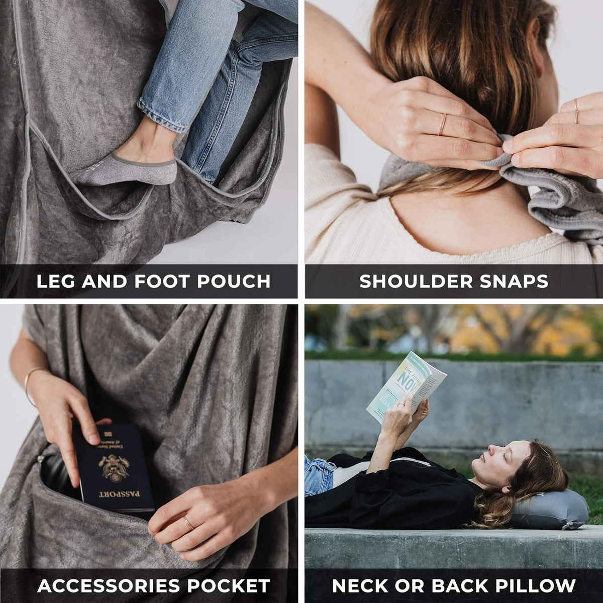 Lightweight Travel Blanket - Premium & Compact Airplane Wearable Blanket with Neck Snaps, Cozy Foot Pockets, Zipper Pouch - Converts into Soft Pillow - Designed for Ultimate Comfort - Shadow
