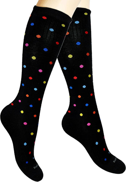 Cotton Compression Socks for Women & Men. 15-20 mmHg Support Knee-High Color Dots X/W