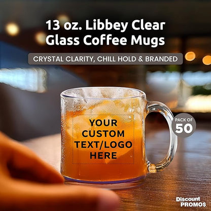 Custom Libbey Clear Glass Coffee Mugs 13 oz. Set of 50, Personalized Bulk Pack - Perfect for Coffee, Tea, Espresso, Hot Cocoa, Other Beverages - Blue Bottom