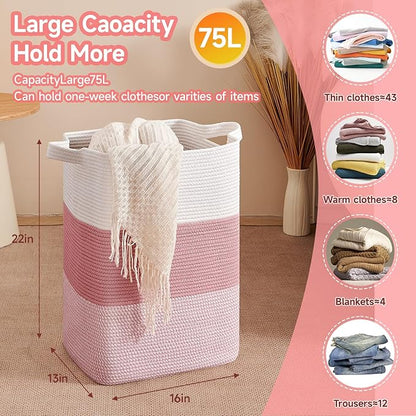 CLHMILY&Z 75L Laundry Hamper Rectangular Pink Rope Basket - 16x13x22 Inches - Dirty Clothes Storage Soft Organizer Bin for Blankets, Toys, and Nursery Essentials