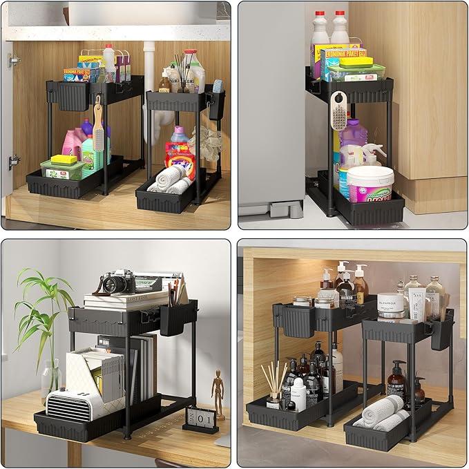 Under Sink Organizer, Bathroom Organizers and Storage, 2 Tier Multi-Use Pull Out Cabinet Organizer with Hang Hooks and Cups (Black, 2 Pack)