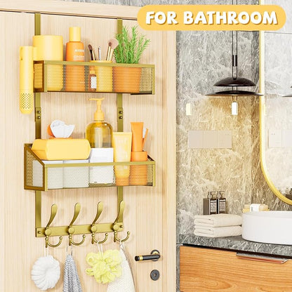 Over The Door Hooks Organizer, Coat Rack Over The Door Storage Hanger Towel Rack, Back of Storage Organizer for Bathroom,Bedroom,Kitchen,Office(Gold 3-Tier)
