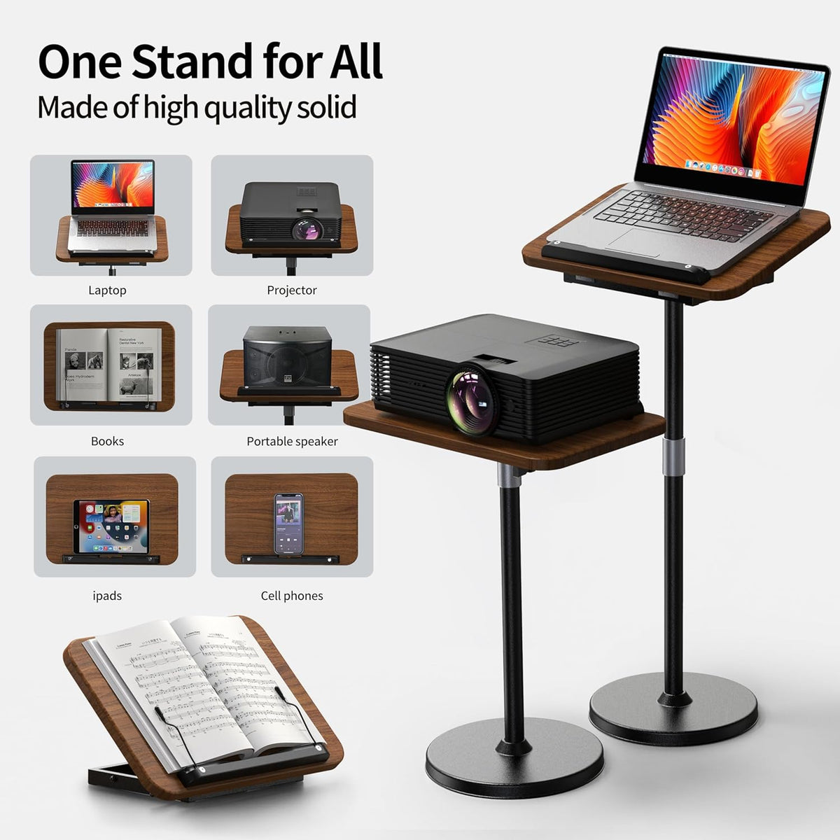 2 in 1 Dual-use Laptop Floor Stand & Laptop Stand for Desk, Small Adjustable Table with Height Adjustable from 16.5" to 51", Wooden Portable Tall Laptop Stand for Projector, Ipad, Tablet, Recipe