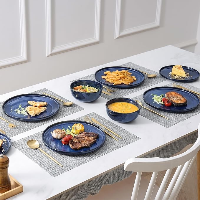 Vicrays Ceramic 18 Pieces Dinnerware Set - Dinner Plates Salad Plates Cereal Bowls Set Service for 6 - Scratch Resistant Microwave Oven Dishwasher Safe - Blue