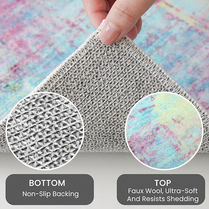 IOHOUZE Abstract Runner Rug 2x10 Ft Washable Runners for Hallways, Non Slip Kitchen Runner Printed Faux Wool Entryway Runner Indoor, Modern Abstract Floor Carpet for Hall Kitchen, Pink Teal