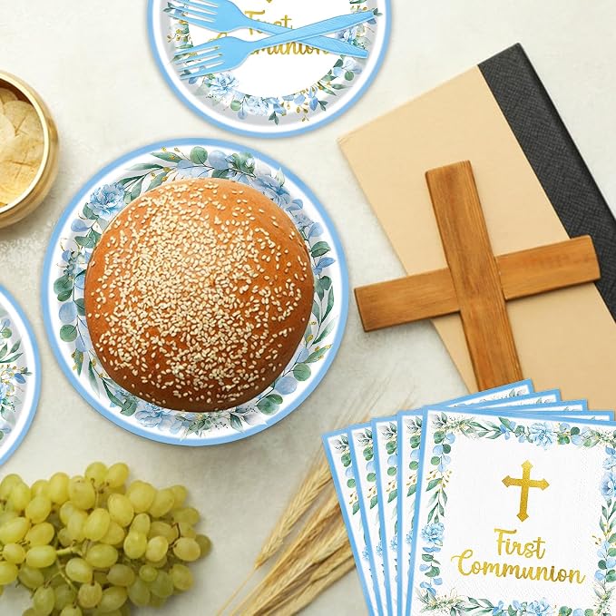 96 Pieces First Communion Floral Tableware Set – Blue Floral Cross Disposable