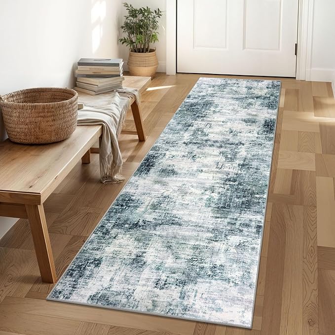 IOHOUZE Abstract Runner Rug 2x6 Ft Washable Runners for Hallways, Non Slip Kitchen Runner Printed Faux Wool Entryway Runner Indoor, Modern Abstract Floor Carpet for Hall Kitchen Bedroom, Sage Grey