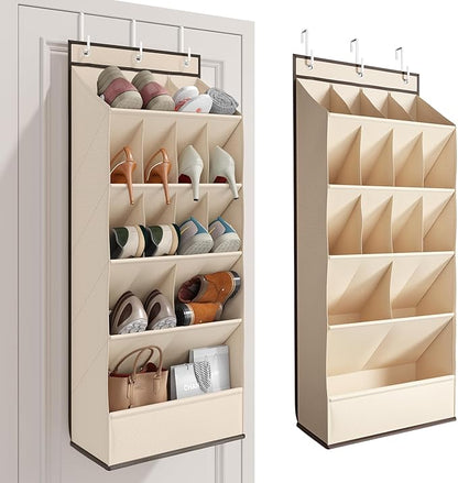 Over the Door Shoe Organizer for Closet, Shoes Rack for Closet with 15 Large Pockets, Hanging Shoe Organizers for Boot Storage, Behind the Door Narrow Shoe Holder for Small Shoes, Beige