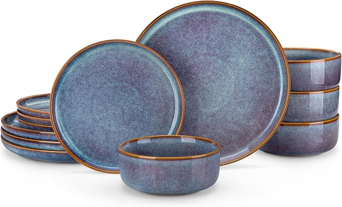 vancasso PLAYA Plates and Bowls Sets, 12 Pieces Grey-Blue Dinnerware Sets
