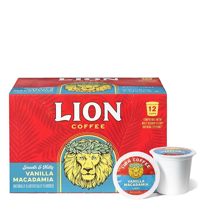 Lion Coffee Vanilla Macadamia Flavored Medium Roast Coffee Pods - Single-Serve Pods - Hawaiian Inspired Flavor - Arabica Coffee - Compatible with Single-Serve Brewing Systems - 12 Count Box