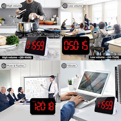 Digital Timer Kitchen Timer Count Down Up Rechargeable Kitchen Gadgets Vibration Mode Adjustable Volume and Brightness LED Display Time Management for Cook, Desk, Kids Adults Study Teaching