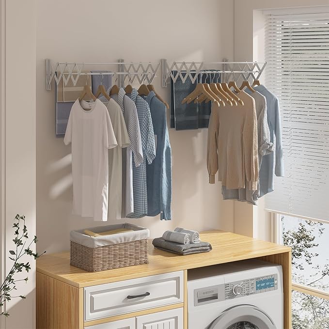 X-cosrack Wall Mounted Clothes Drying Rack, 31.9" Wide Large Rustproof Retractable Laundry Drying Rack, 8 Bar Space-Saving Aluminium Alloys Clothing Hanger Drying Racks forLaundry (Silver)