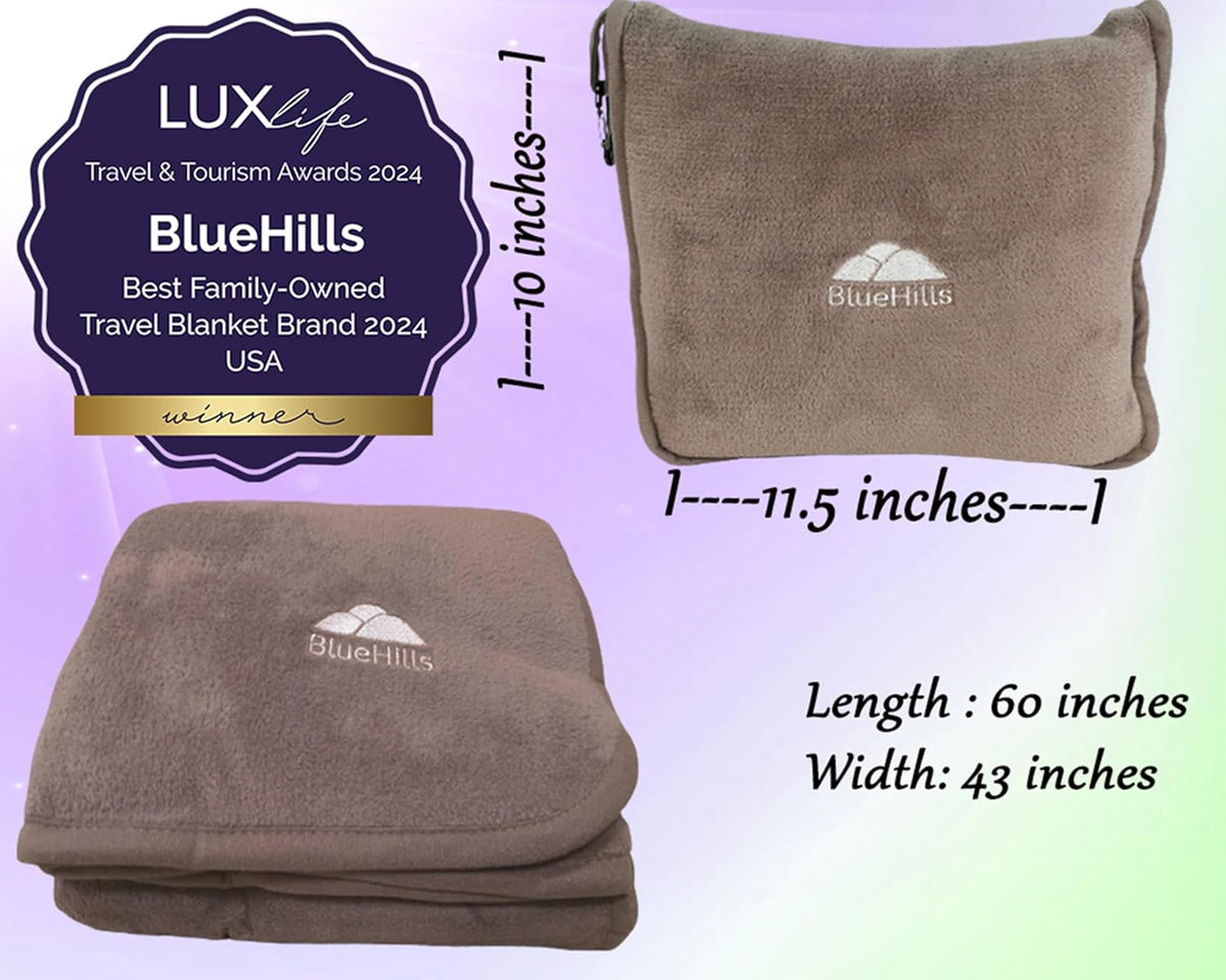 BlueHills Premium Soft Travel Blanket Pillow Airplane Flight Blanket Throw in Soft Bag Pillow case with Luggage Belt & Backpack Clip Compact Pack Large Airport Taupe T023