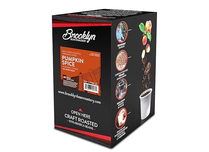Brooklyn Beans Roastery Coffee Pods, Fall Flavored Pumpkin Spice - Compatible with Keurig K Cup Brewers Including 2.0 Machines, 40 Count