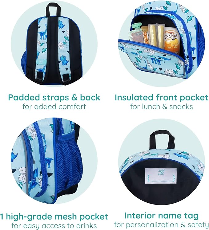 Wildkin JumpOff Jo 12-inch Kids Backpack – Lightweight, Durable Toddler Bag - Blue Dino