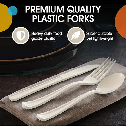 Party Solids Ivory Plastic Silverware Heavy Duty 150 Pieces Ivory Disposable Silverware Heavy Duty, Utensil Sets, 50 Of Each Forks, Knives & Spoons Disposable Cutlery Set For Party Supplies