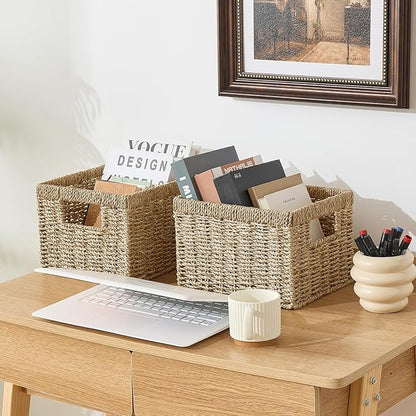 Seagrass Wicker Basket, Decorative Woven Baskets with Built-in Handles, Hand-woven Storage Organizer for Organizing Pantry, Shelves, Laundry, Livingroom, Bedroom, Toilet(2-PACK, Natural)