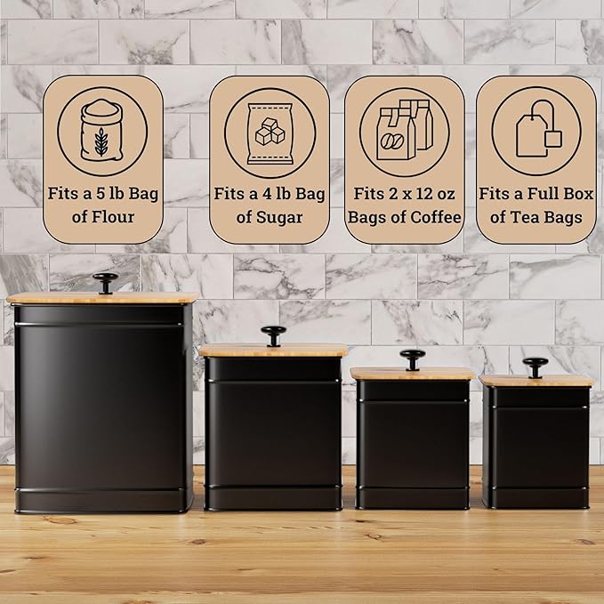 Kitchen Canisters for Countertop Set of 4 with Customizable Chalkboard Labels & Marker Pen - Big Iron Kitchen Canisters with Airtight Lids - Black Canister Set - Flour and Sugar Containers Farmhouse