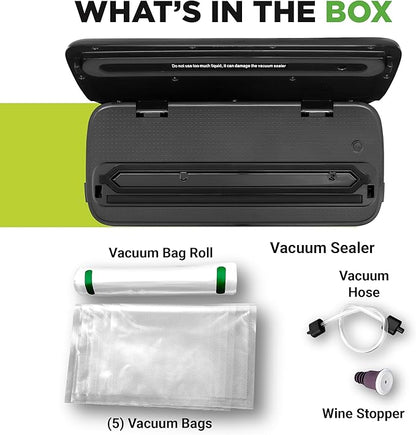 NutriChef Automatic Food Vacuum Sealer, Electric Air Sealing Preserver System for Dry and Moist Foods, LED Control, Strong Suction, Includes Bags, Wine Stopper Cork, and Air Suction Hose, 14”x6”x3”