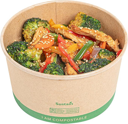 Restaurantware Compostable Paper Food Containers 200 Pack Of 34 oz BPI-Certified Round Kraft Salad Bowls Disposable Grease-Resistant Meal Prep Take Out Containers For Ice Creams, Soups, Snacks