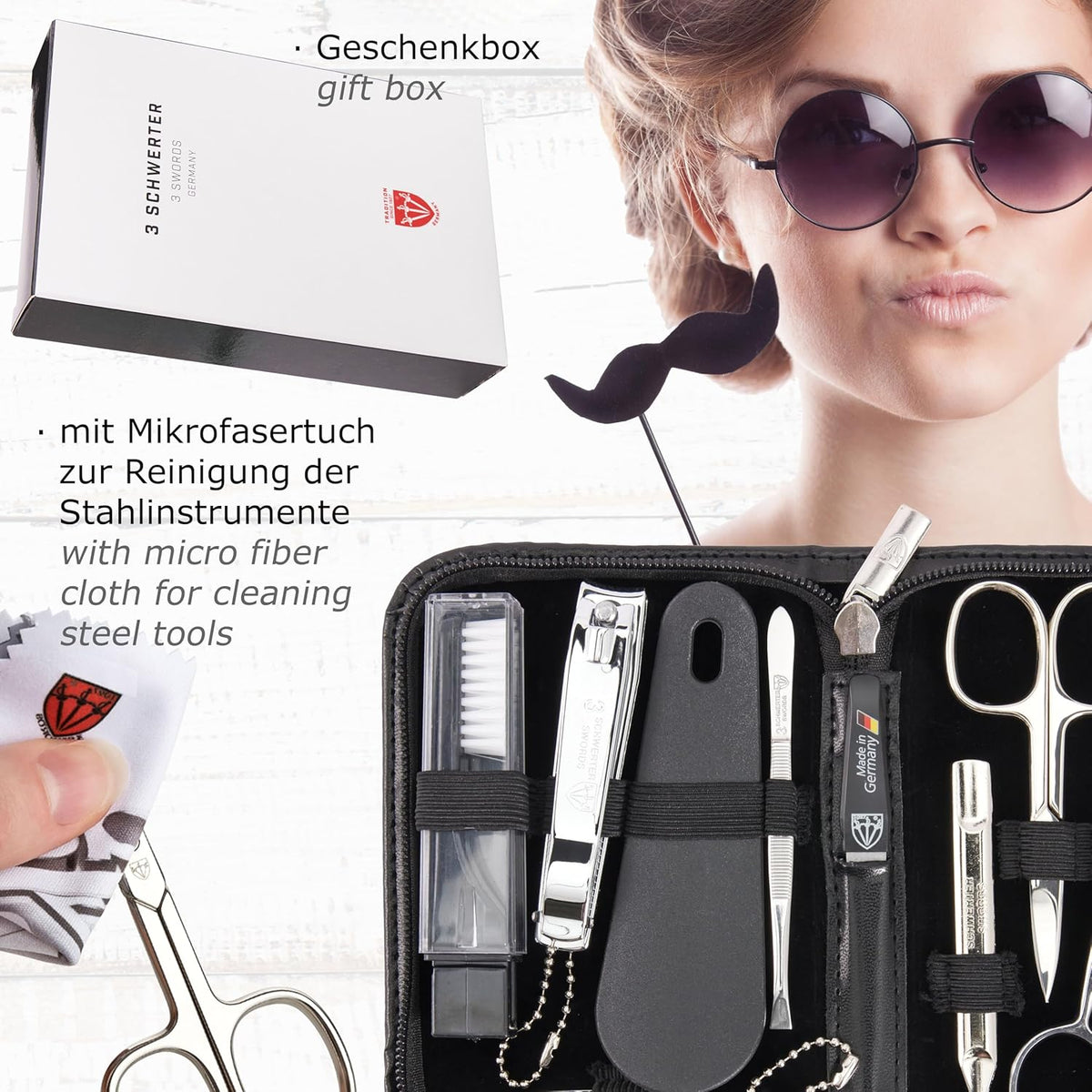 3 Swords Germany - brand quality 10 piece manicure pedicure grooming kit set for professional finger & toe nail care tweezers file clipper fashion leather case in gift box, Made by 3 Swords (02570 )