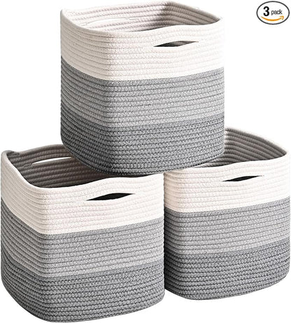 11 Inch Cube Storage Bins, Storage Cube Organizer Bins, Woven Cotton Rope Basket for Storage, Storage Baskets for Organizing Shelves, Grey Baskets for Toys, Gradient Grey (Pack of 3)