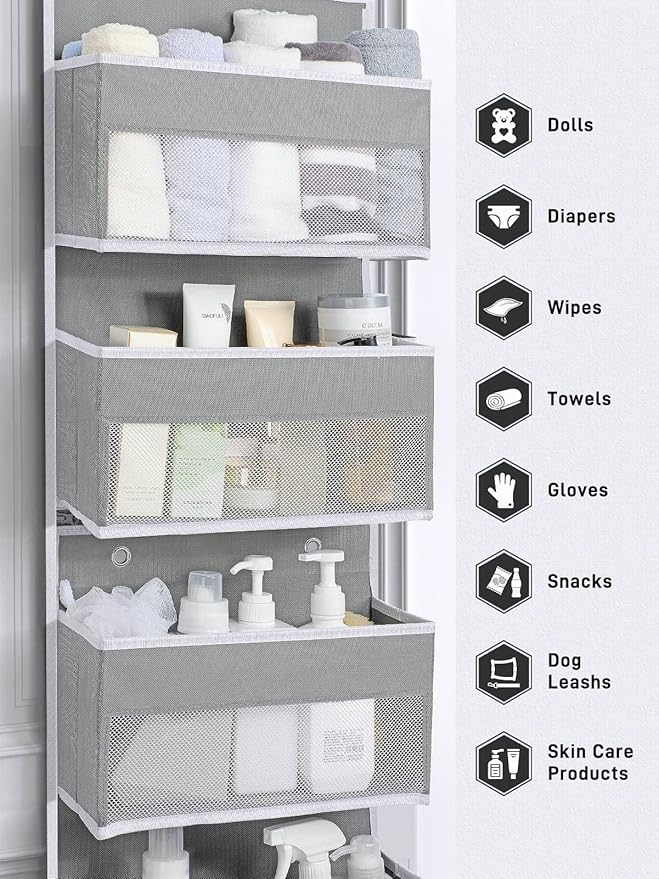 Yecaye 6-Tier Over the Door Storage Organizer, Flexible 1 Split into 2 Swing-proof Hanging Bathroom Storage Organization, Bedroom Organizer and Storage for Newborn Baby Essentials, Grey