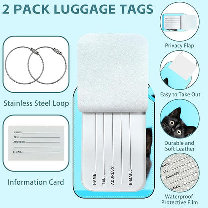 Black Cat Luggage Tag for Suitcase Set of 2 PU Leather Cute Luggage Tags with Stainless Metal Loop ID Label Privacy Flap Suitcase Tags for Women and Men Travel