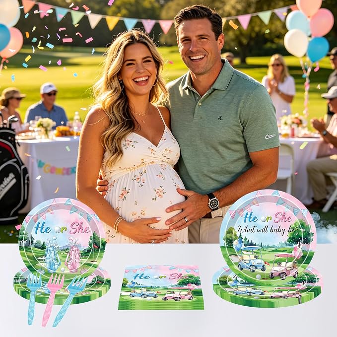 96 Pcs Golf Gender Reveal Decorations, He or She Tableware Set | Golf Cart Theme
