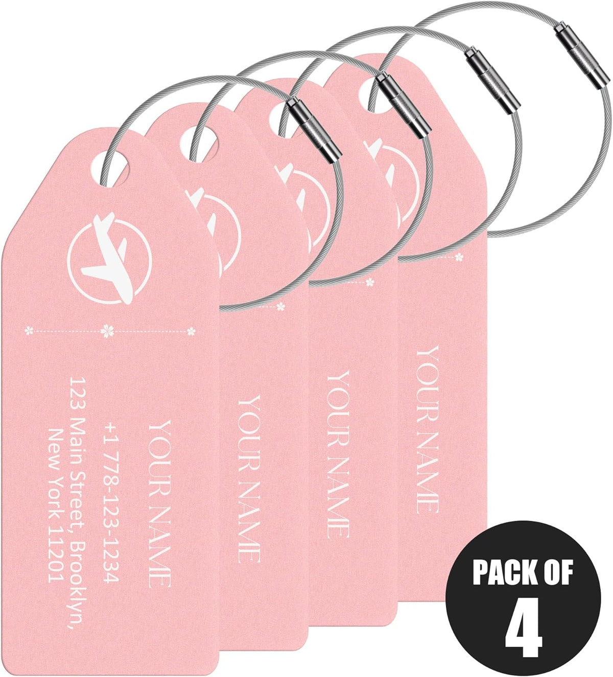 4 PCS Personalized Metal Luggage Tag – Personalized Engraved Suitcase Tag, Backpack Tag, with Matching Color Strap, Waterproof Suitcase Name Badge – Ideal Corporate Gift & Travel Accessory (Pink)