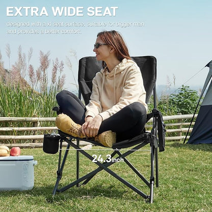 EVER ADVANCED Oversized Folding Camping Chair for Adults with Adjustable Lumbar Support, Heavy Duty Chair with Side Pockets, Portable Collapsible Quad Chair for Outside