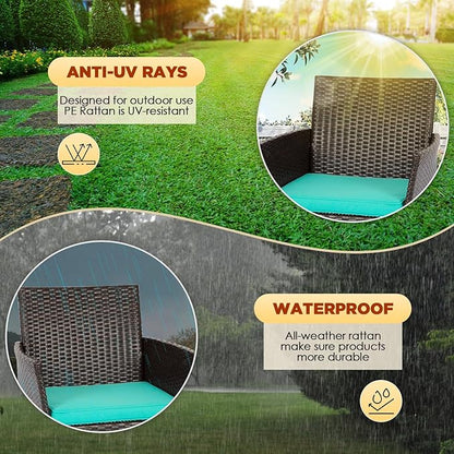 FDW | 4-Piece Patio Furniture Set | Brown & Blue | Outdoor Wicker Furniture