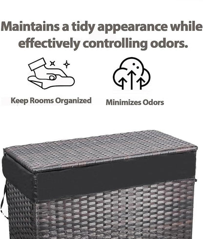 Laundry Hamper Wicker With Lid and Wheels, Collapsible Rattan Clothes Hamper 29 Gal (110 L) Removable Linerdouble Laundry Basket Handwoven for Clothes Storage in Bedroom(Brown)