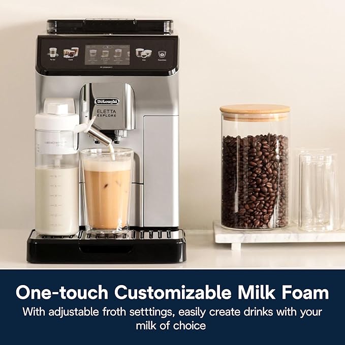 De'Longhi Eletta Explore Espresso Machine with Cold Brew, Hot & Cold Milk Frother - 50+ Recipes, Built in Grinder, User Profiles, Smartphone Compatible with Bean Adapt Technology for Ideal Extraction
