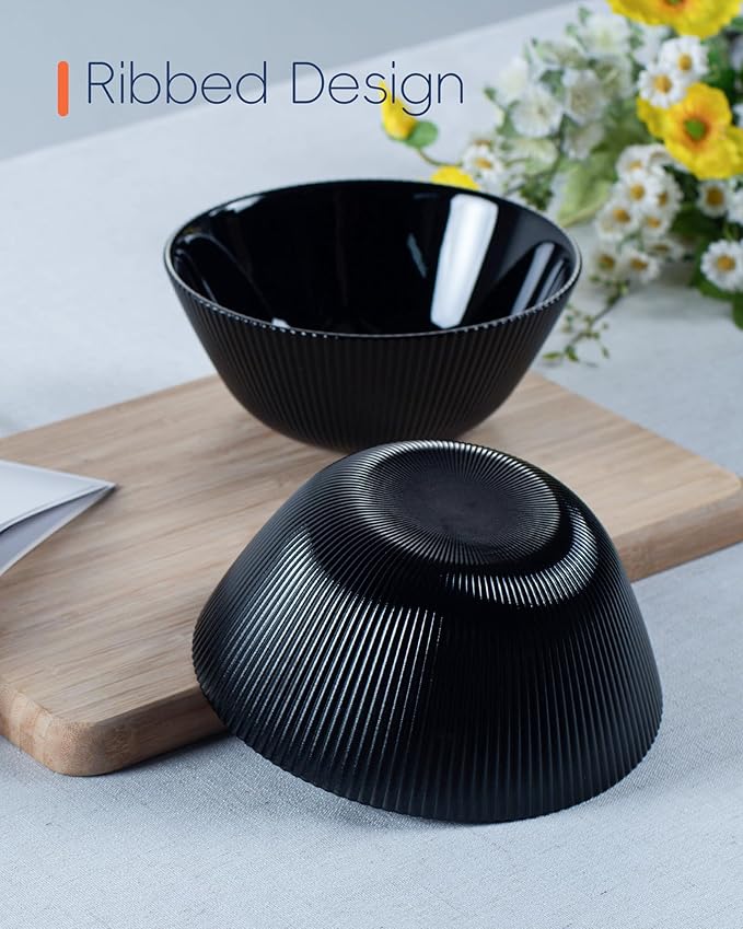 30 OZ Max Cereal Soup Bowl Set of 6, Opal Glass 7.2 inch Black Ribbed Bowls for Ramen, Noodle, Salad, Fruit, Dishwasher and Microwave Safe