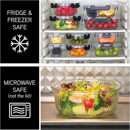 COOK WITH COLOR Premium 32-Pc. Borosilicate Glass Food Container Set with Dividers - 4 Rectangles, 8 Rounds, 4 Squares - Leakproof Lids - Meal Prep, Storage, Fluted Ombre Black