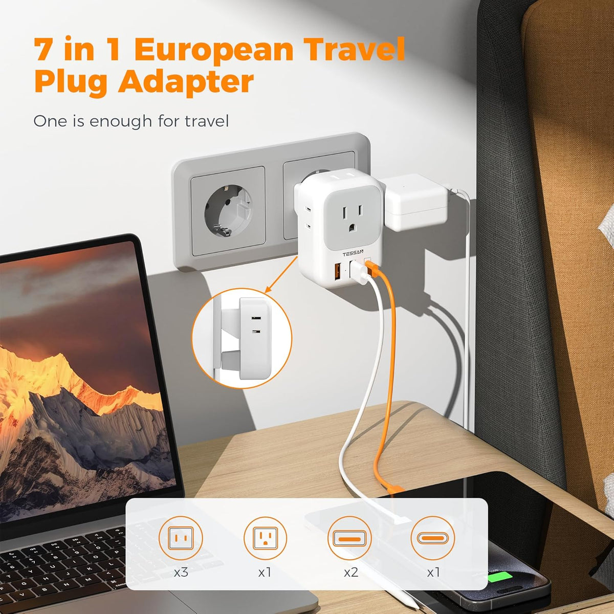 TESSAN European Travel Plug Adapter 2 Packs, Type C Europe Adaptor Foldable Plug 4 Outlets 3 USB(1 USB C PD 20W), US to Spain France Italy Germany Denmark Iceland European Travel Must Haves