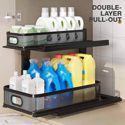 2 Pack 18.5IN-Depth Under Sink Organizer With Next-Gen Ball-Bearing Slides,2-Tier Precision Mesh Pull Out Cabinet Storage for Bathroom&Kitchen,Height Adjustable Drawers Shelf,Anti-rust-Black