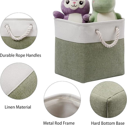 Cube Storage Bins, Collapsible Fabric Storage Cubes Bins, 11 Inch Cube Storage Bins with Handles, Foldable Storage Cubes (White/Green, 6Pack)