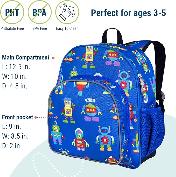 Wildkin 12-inch Kids Backpack – Padded, Adjustable, Ideal for Daycare & Travel - Robots