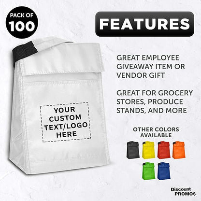 DISCOUNT PROMOS 100 Hook and Loop Insulated Lunch Bags Set - Customizable Text, Logo - Polyester, Durable, Vibrant, Reusable - White