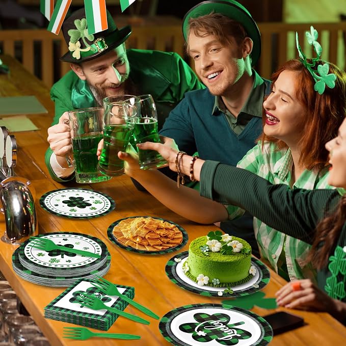96 Pieces St. Patrick’s Day Tableware Set – Green and Black Plaid Shamrock