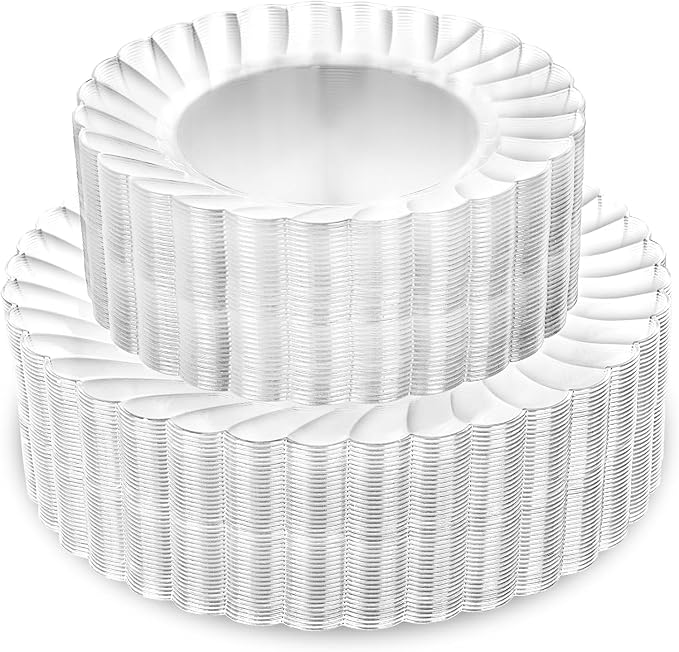 YOUBET 100PCS Clear Scalloped Plastic Plates