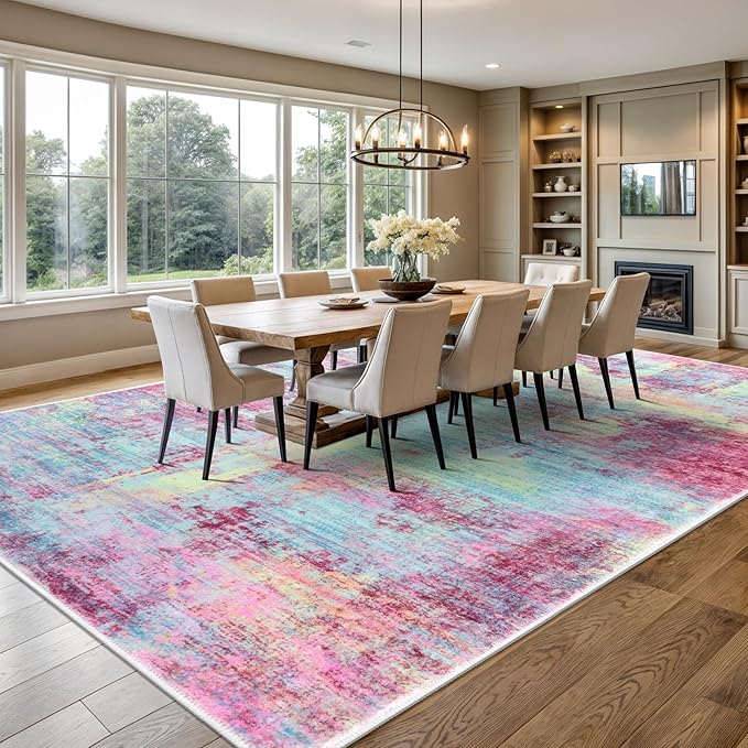 IOHOUZE Abstract Area Rugs 9x12 Ft Washable Large Rugs for Living Room, Non Slip Dining Room Rug, Printed Faux Wool Rugs for Bedroom, Floor Carpet for Office Nursery Playroom, Pink Teal
