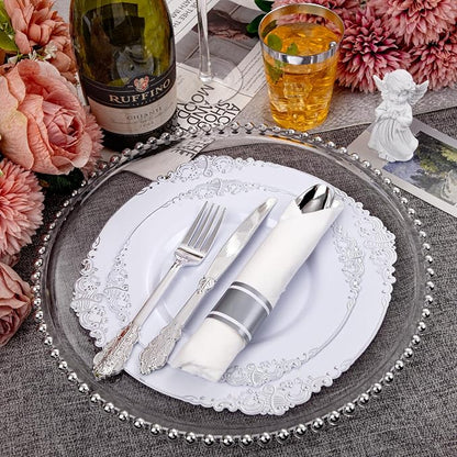 210 Pcs White Silver Plates for Party | White Party Plates Set for 30 Guests