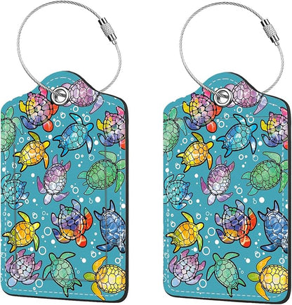 2 Pcs Luggage Tags for Suitcase, Cute Unique PU Leather Travel Bag Tag with Privacy Cover ID Label Address Card and Durable Metal Ring Suitable for Men Women Children Backpack,Gradient Color Turtle